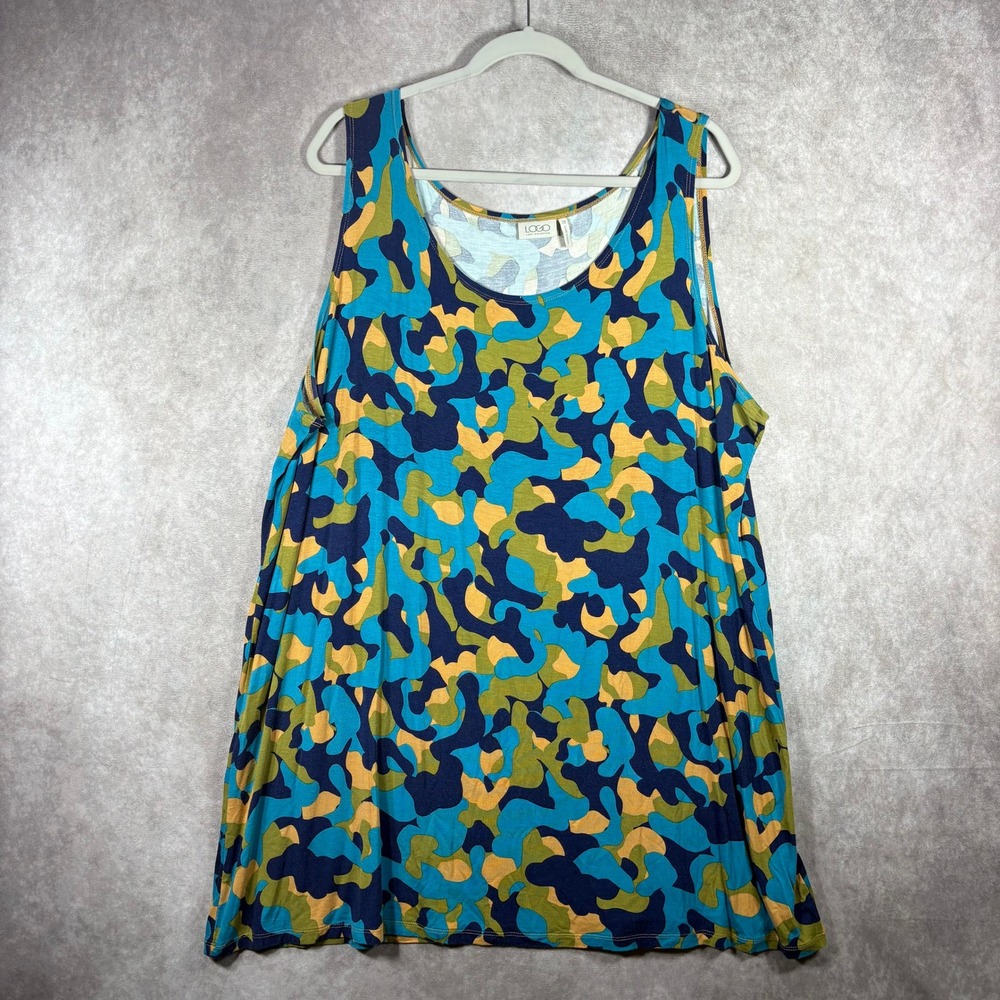 LOGO Tunic Tank Top Womens 2X Blue Camo Rayon Spandex Camouflage Casual Plus